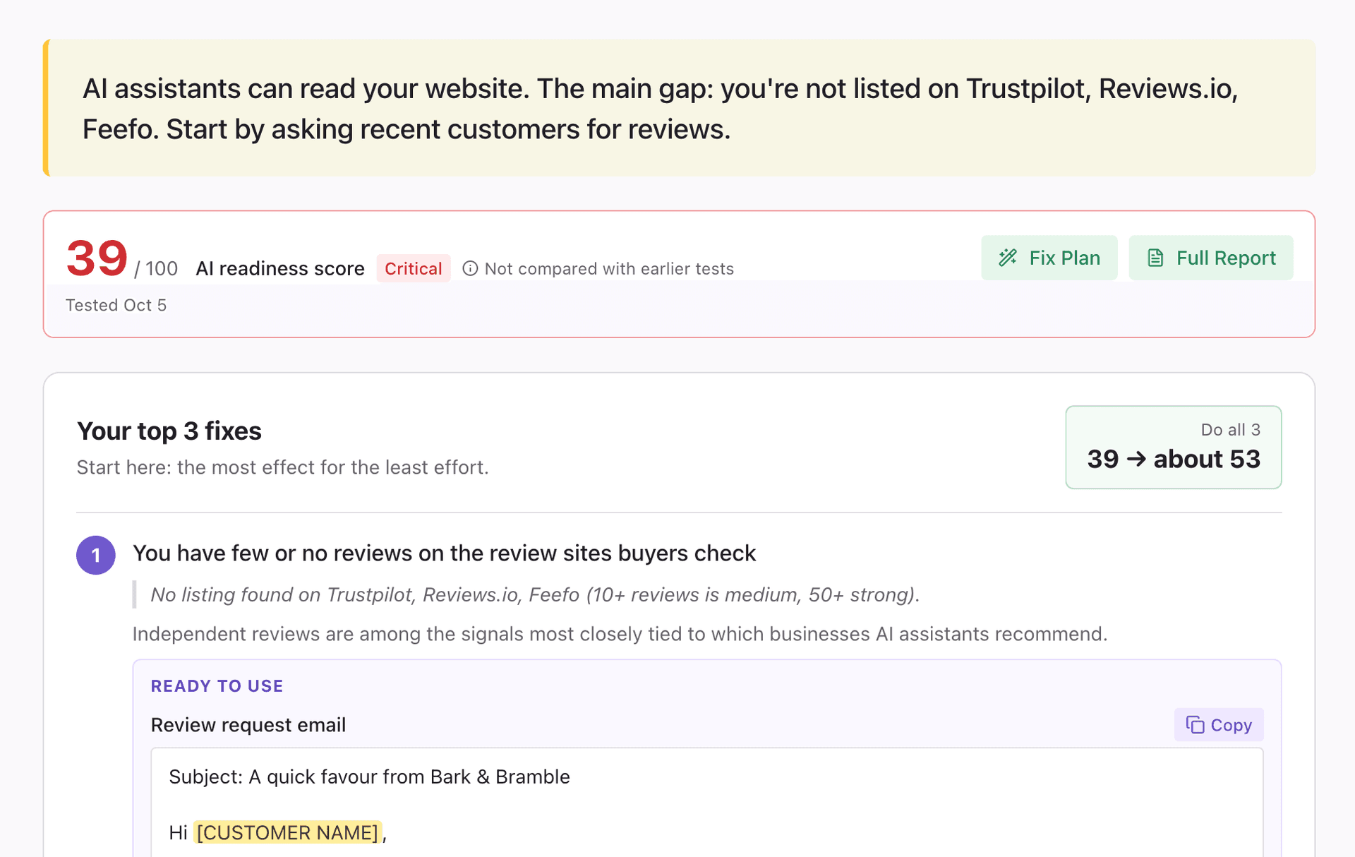 Example Cyberbard report showing the verdict, competitor comparison and top 3 fixes