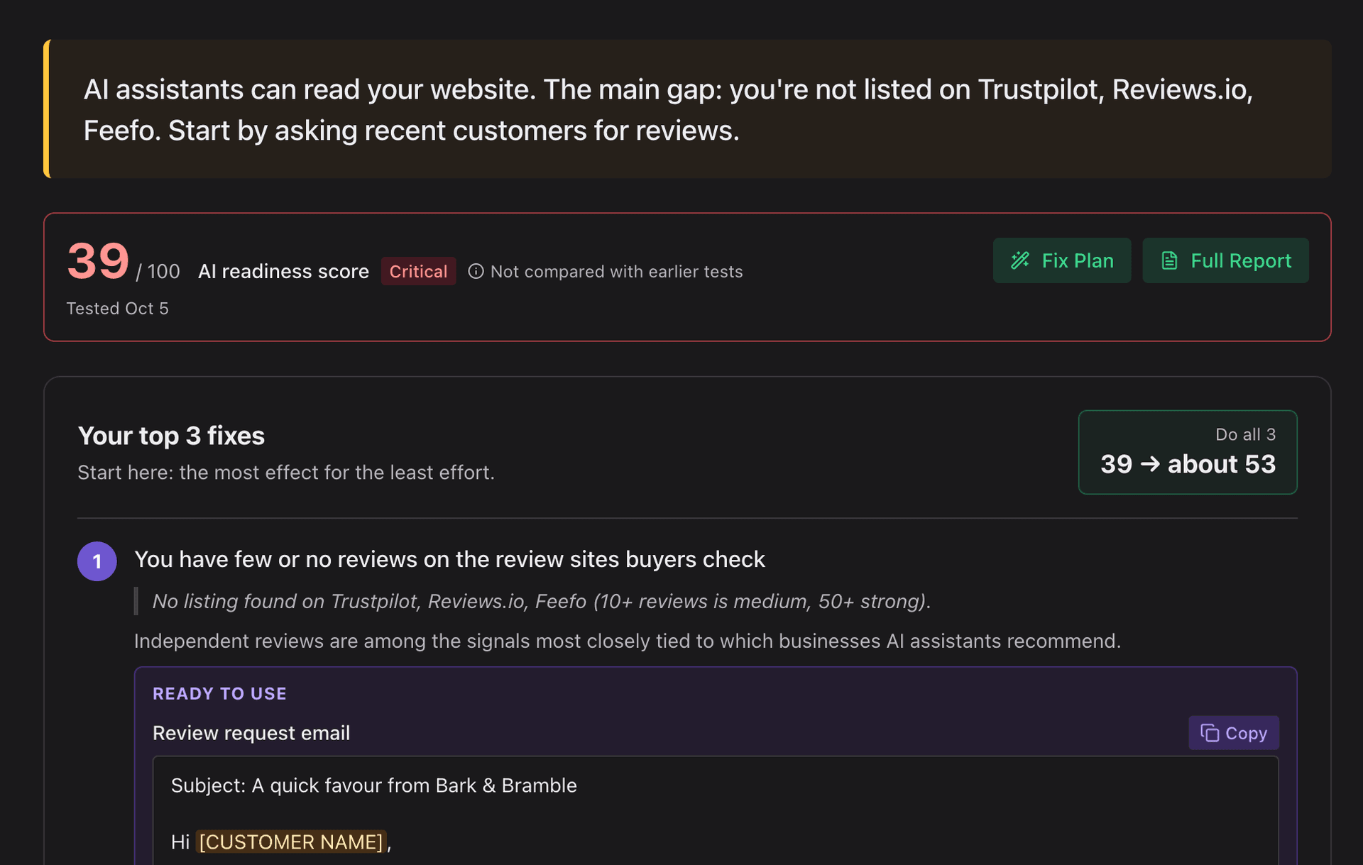 Example Cyberbard report showing the verdict, competitor comparison and top 3 fixes