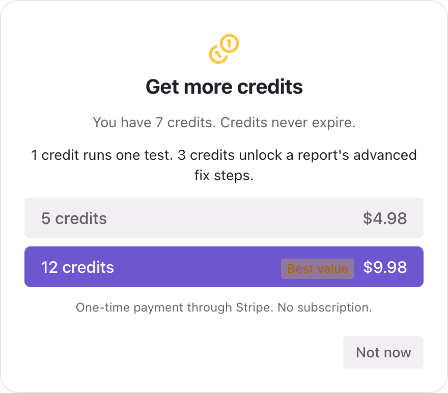 The Get more credits window with the 5 credits for $4.98 and 12 credits for $9.98 packs
