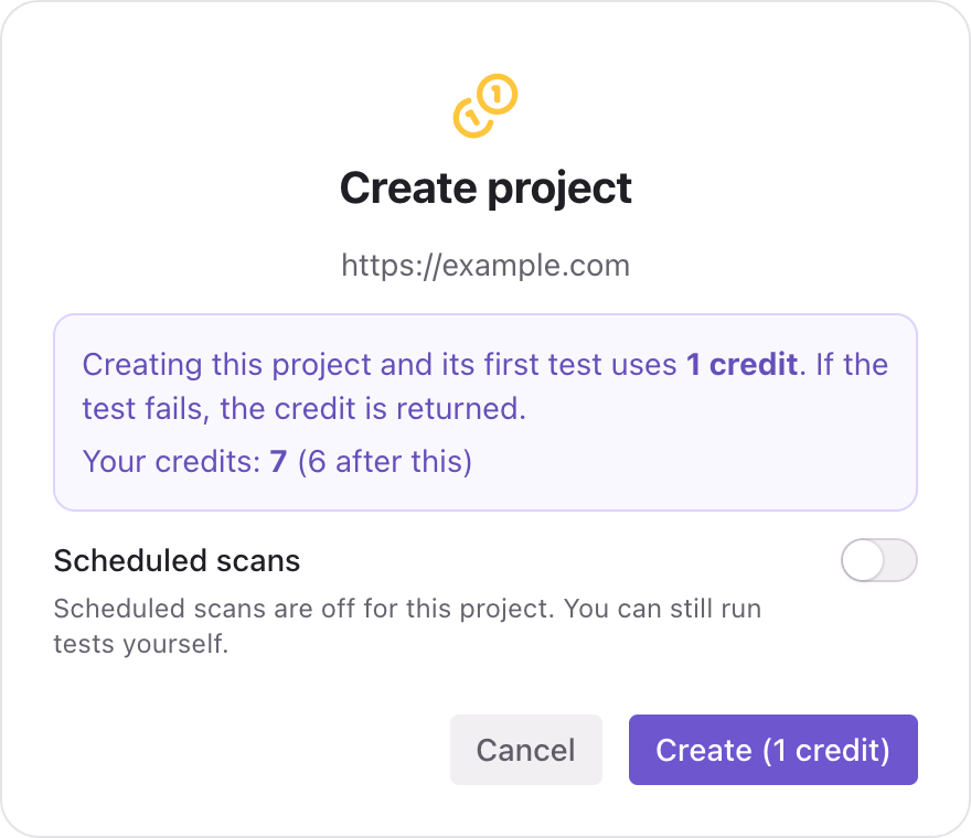 The confirmation window showing the cost of 1 credit, your balance and the Scheduled scans switch
