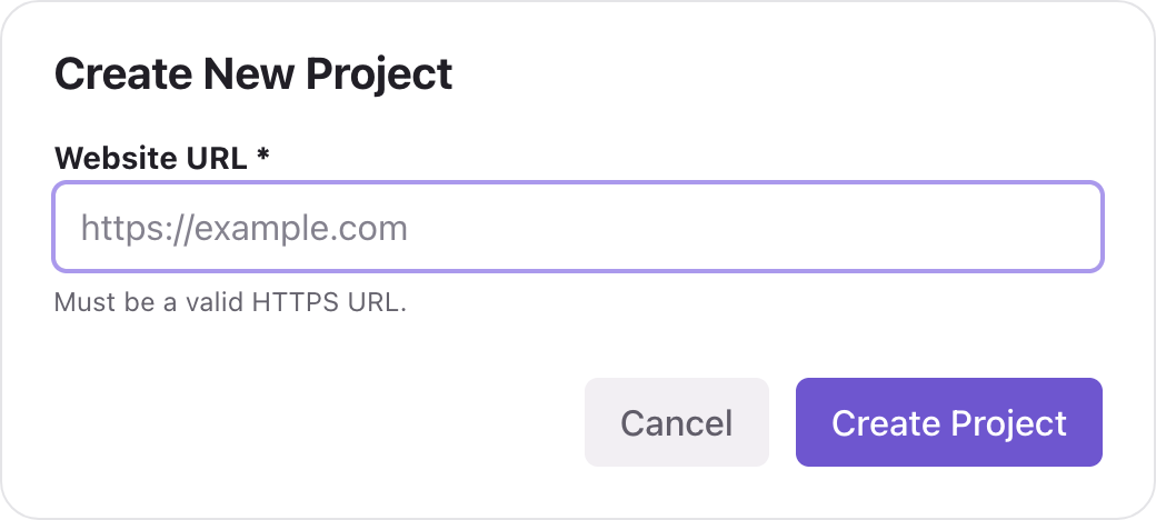 The Create New Project window with a Website URL field