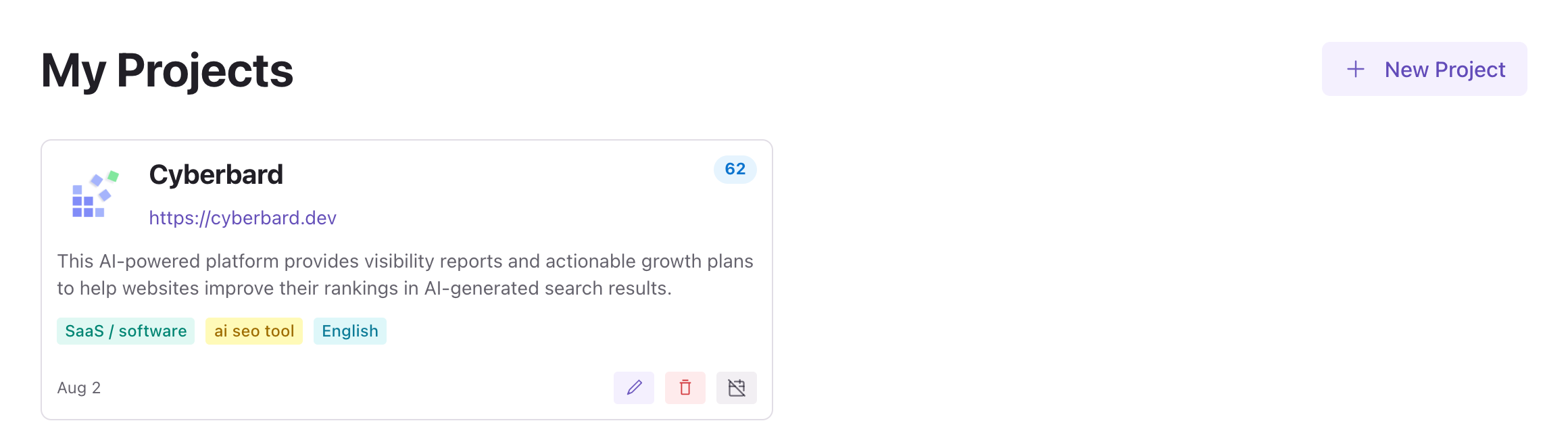 The Projects page with one project card and the New Project button
