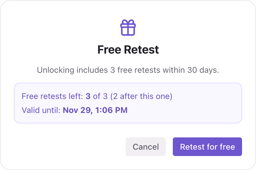 The Free Retest window showing 3 of 3 free retests left and the date they are valid until