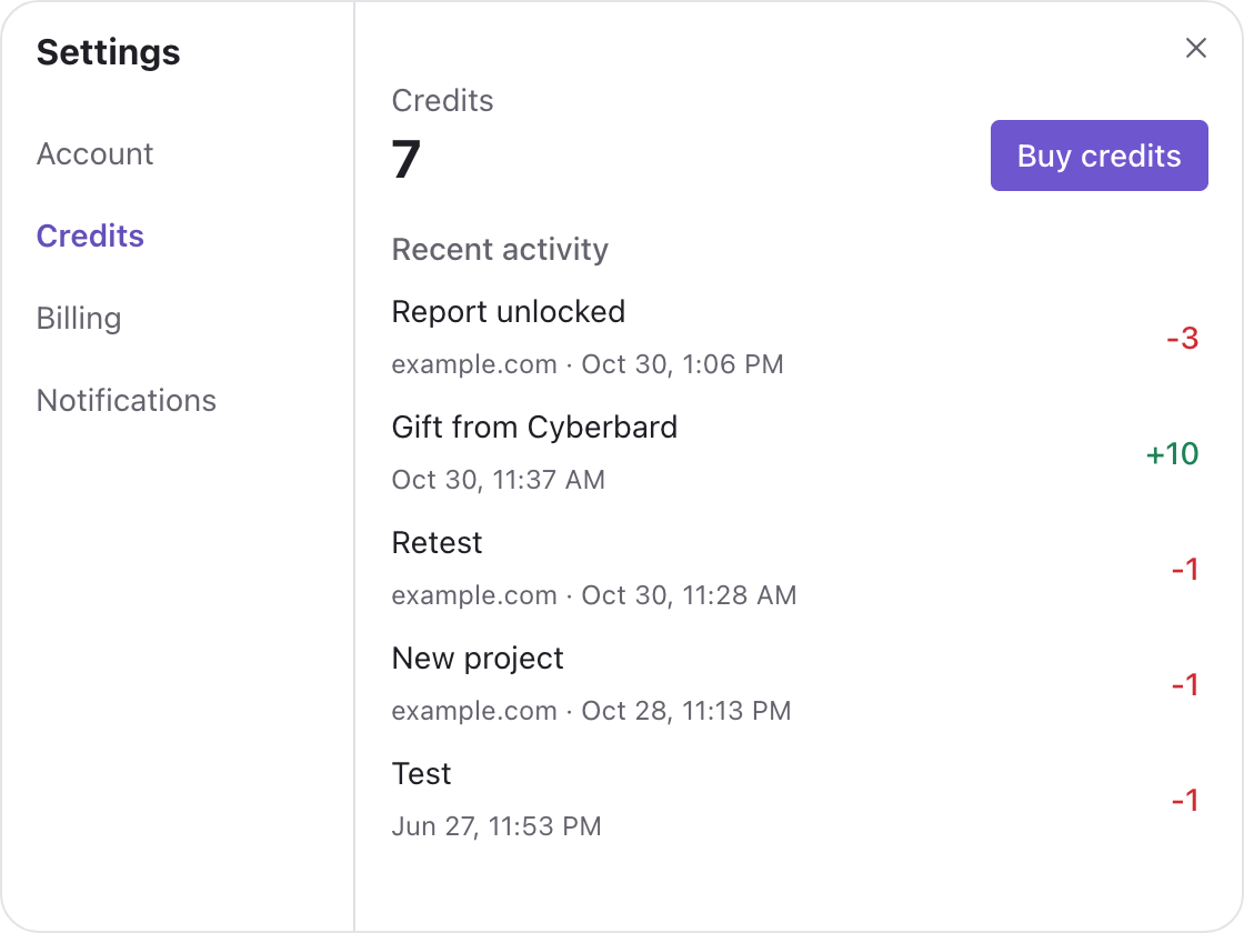 The Credits page in Settings: your balance, the Buy credits button and recent credit activity