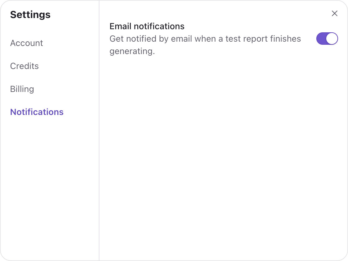 The Notifications page in Settings with the Email notifications switch