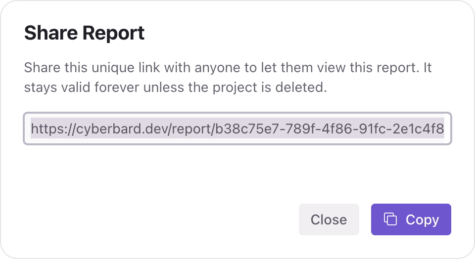 The Share Report window with the report link and a Copy button